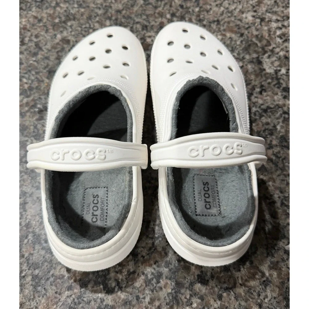 Crocs Classic Lined Clog White Grey‎ Fuzzy Fur Slip On Mens 9 Womens 11 Shoes